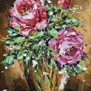 Umetnička slika Cveće 1 – slikarka Bosa Milaković – tehnika slikanja ulje na platnu – uramljena – format slike bez rama 20×15 cm, sa ramom 36×31 cm – cena umetničke slike 9.440 dinara – sertifikat – izgled slike sbez rama