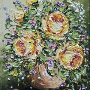 Umetnička slika Cveće 2 – slikarka Bosa Milaković – tehnika slikanja ulje na platnu – uramljena – format slike bez rama 20×15 cm, sa ramom 36×31 cm – cena umetničke slike 9.440 dinara – sertifikat – izgled slike bez rama