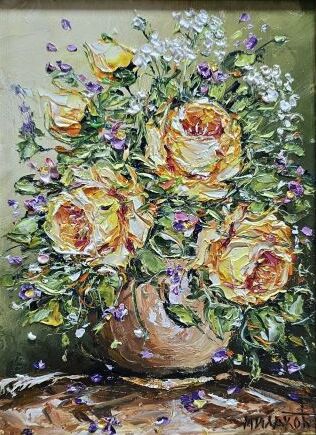 Umetnička slika Cveće 2 – slikarka Bosa Milaković – tehnika slikanja ulje na platnu – uramljena – format slike bez rama 20×15 cm, sa ramom 36×31 cm – cena umetničke slike 9.440 dinara – sertifikat – izgled slike bez rama