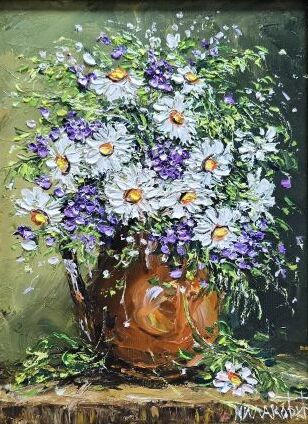 Umetnička slika Cveće 3 – slikarka Bosa Milaković – tehnika slikanja ulje na platnu – uramljena – format slike bez rama 20×15 cm, sa ramom 36×31 cm – sertifikat – cena umetničke slike 9.440 dinara – izgled slike bez rama