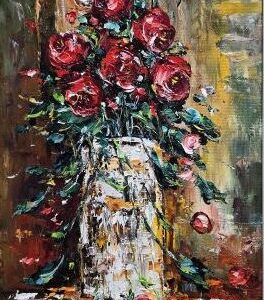 Umetnička slika Cveće u vazi 1 – slikarka Bosa Milaković – tehnika slikanja ulje na platnu – uramljena – format slike bez rama 40×20 cm, sa ramom 57×37 cm – sertifikat – cena umetničke slike 21.240 dinara – izgled slike sbez rama