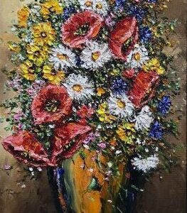 Umetnička slika Cveće u vazi 2 – slikarka Bosa Milaković – tehnika slikanja ulje na platnu – uramljena – format slike bez rama 40×20 cm, sa ramom 57×37 cm – sertifikat – cena umetničke slike 21.240 dinara – izgled slike bez rama