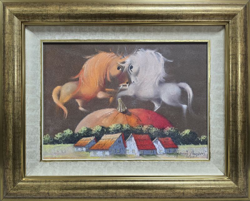 Umetnička slika – slikar Janoš Mešaroš – Dvoje je taman II – tehnika slikanja: kombinovana tehnika na kaširanom platnu – format slike sa ramom 41 x 51 cm – bez rama 25 x 35 cm – Cena umetničke slike: 31.860 dinara – luksuzno uramljena sa sertifikatom autentičnosti – prikaz izgleda slike sa ramom.