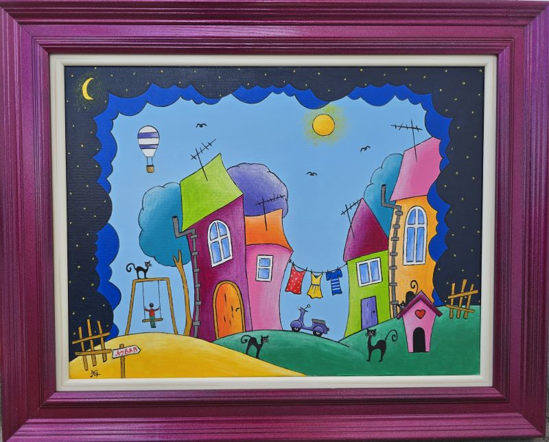 Umetnička slika Igra mačaka – slikarka Tijana Lazić – tehnika slikanja akril na platnu – format slike bez rama 30×40 cm, sa ramom 39×49 cm – sertifikat – cena umetničke slike 9.440 dinara – izgled slike sa ramom