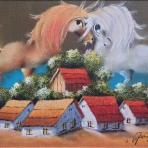 Umetnička slika – slikar Janoš Mešaroš – Kad se ljubav rodi II – tehnika slikanja: kombinovana pastel-ulje tehnika – format slike sa ramom 46×66 cm – bez rama 30×50 cm – Cena umetničke slike: 70.800 dinara – luksuzno uramljena i sa sertifikatom autentičnosti – prikaz izgleda slike bez rama