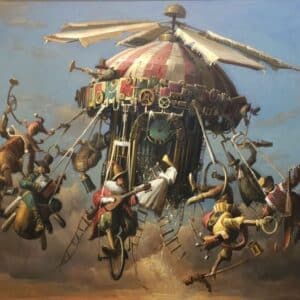 Umetnička slika Karneval ludoglavaca – slikar Goran Mitrović – tehnika slikanja ulje na platnu kaširano na lesonitu – format slike bez rama 80×100 cm, sa ramom 104×124 cm – cena umetničke slike 389 400 dinara – luksuzno uramljena – sertifikat – izgled slike bey rama