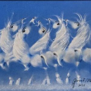 Umetnička slika – slikar Janoš Mešaroš – Plavo-bela igra II – tehnika slikanja: kombinovana tehnika na kaširanom platnu – format slike sa ramom 42×52 cm – bez rama 25×35 cm – Cena umetničke slike: 31.860 dinara – luksuzno uramljena i sa sertifikatom autentičnosti – prikaz izgleda slike bez rama