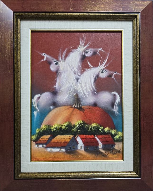 Umetnička slika – slikar Janoš Mešaroš – Porodica II – tehnika slikanja: kombinovana tehnika na kaširanom platnu – format slike sa ramom 51×41 cm – bez rama 35×25 cm – Cena umetničke slike: 31.860 dinara – luksuzno uramljena i sa sertifikatom autentičnosti – prikaz izgleda slike sa ramom.