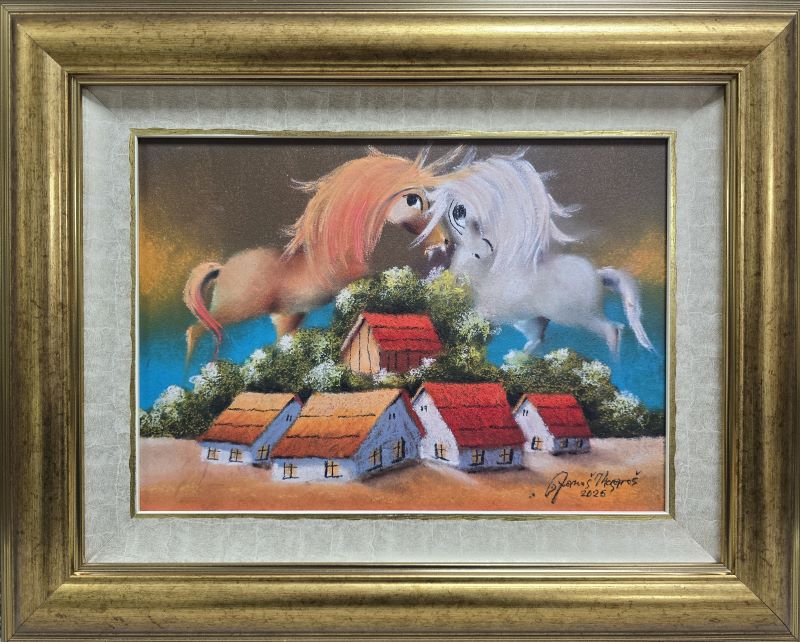 Umetnička slika – slikar Janoš Mešaroš – Srce II – tehnika slikanja: kombinovana tehnika na kaširanom platnu – format slike sa ramom 41×51 cm – bez rama 25×35 cm – Cena umetničke slike: 31.860 dinara – luksuzno uramljena sa sertifikatom autentičnosti – prikaz izgleda slike sa ramom.