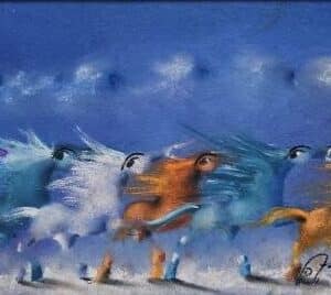 Umetnička slika Trka I – slikar Janoš Mesaroš – tehnika slikanja kombinovana lak–pastel – format slike bez rama 20×40 cm, sa ramom 37×57 cm – cena umetničke slike 37.000 dinara – luksuzno uramljena – sertifikat – izgled slike bez rama