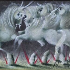 Umetnička slika Vesela družina I – slikar Janoš Mesaroš – tehnika slikanja kombinovana lak–pastel – format slike bez rama 25×35 cm, sa ramom 42×52 cm – cena umetničke slike 35.400 dinara – luksuzno uramljena – sertifikat – izgled slike bez rama