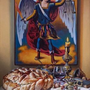 Umetnička slika Aranđelovdan slikar Jovica Tomašević - tehnika ulje na platnu kaširano na šperu - format slike sa ramom 75x55 cm - bez rama 60x40 cm - Cena umetničke slike 88500 dinara - izgled slike bez rama