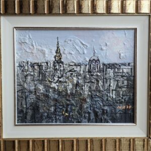 Umetnička slika Beograd 4 slikar Miodrag Mijo Elezović - tehnika ulje na platnu kaširano na lesonitu - format slike sa ramom 36x42 cm - bez rama 24x30 cm - Cena umetničke slike 12980 dinara - izgled slike sa ramom