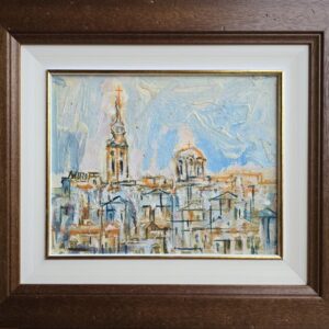 Umetnička slika Beograd 6 slikar Miodrag Mijo Elezović - tehnika ulje na platnu kaširano na lesonitu - format slike sa ramom 34x39 cm - bez rama 25x20 cm - Cena umetničke slike 11800 dinara - izgled slike sa ramom