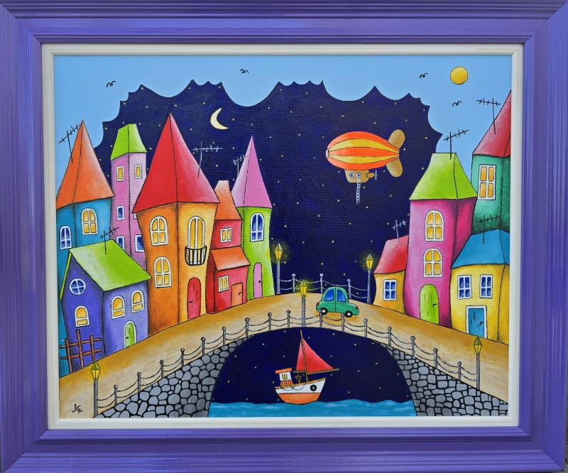 Umetnička slika Cepelin slikarka Tijana Lazić - tehnika akril na platnu - format slike sa ramom 51 x 61 cm - bez rama 40 x 50 cm - Cena umetničke slike 11 800 dinara - izgled slike sa ramom