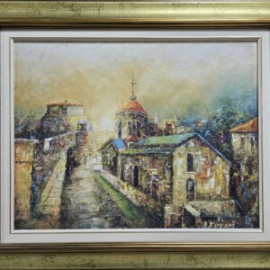 Umetnička slika Crkva slikar Risto Kiperaš - tehnika ulje na platnu - format slike sa ramom 60x72 cm - bez rama 42x54 cm - Cena umetničke slike 82600 dinara - izgled slike sa ramom