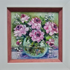 Umetnička slika Cveće 2 slikarka Vesna Cvetkov - tehnika ulje na platnu - format slike sa ramom 28x28 cm - bez rama 20x20 cm - Cena umetničke slike 5900 dinara - izgled slike sa ramom