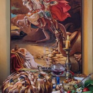 Umetnička slika Đurđevdan slikar Jovica Tomašević - tehnika ulje kaširano na šperu - format slike sa ramom 75x55 cm - bez rama 60x40 cm - Cena umetničke slike 88500 dinara - izgled slike bez rama