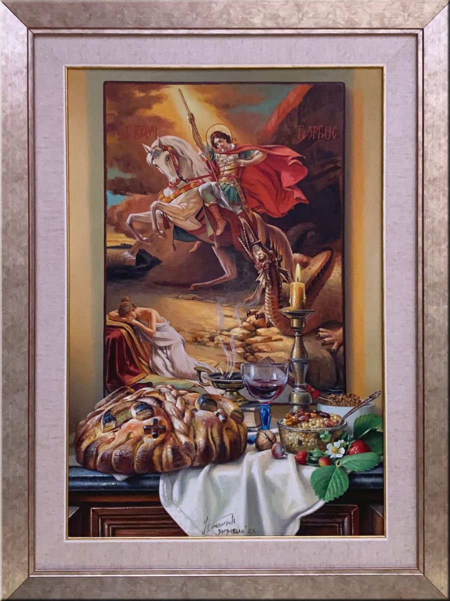 Umetnička slika Đurđevdan slikar Jovica Tomašević - tehnika ulje kaširano na šperu - format slike sa ramom 75x55 cm - bez rama 60x40 cm - Cena umetničke slike 88500 dinara - izgled slike sa ramom