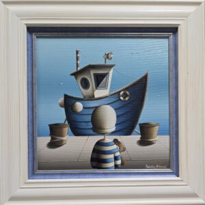 Umetnička slika Mornar meda i barka slikar Sandra Mitrović - tehnika ulje na platnu - format slike sa ramom 45x45 cm - bez rama 30x30 cm - Cena umetničke slike 44840 dinara - izgled slike sa ramom