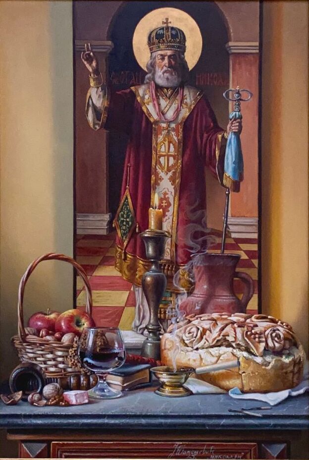 Umetnička slika Nikoljdan II slikar Jovica Tomašević - tehnika slikanja ulje na platnu kasirano na šperu - format slike sa ramom 75x55 cm - bez rama 60x40 cm - Cena umetničlke slike 88500 dinara - izgled slike sa ramom