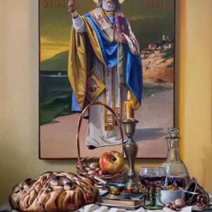 Umetnička slika Nikoljdan III slikar Jovica Tomašević - tehnika ulje na platnu kaširano na šperu - format slike sa ramom 88x65 cm - bez rama 73x50 cm - Cena umetničke slike 118000 dinara - izgled slike bez rama