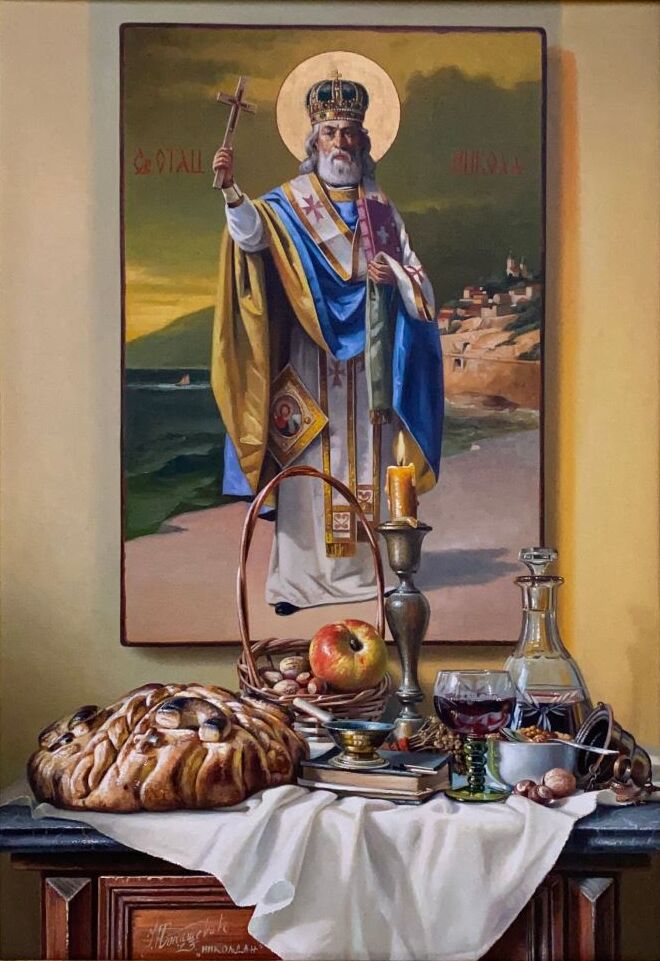 Umetnička slika Nikoljdan III slikar Jovica Tomašević - tehnika ulje na platnu kaširano na šperu - format slike sa ramom 88x65 cm - bez rama 73x50 cm - Cena umetničke slike 118000 dinara - izgled slike bez rama