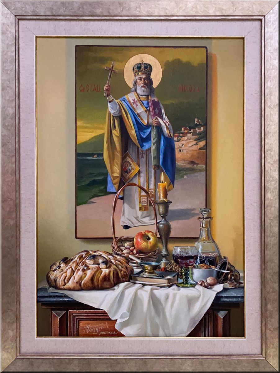 Umetnička slika Nikoljdan III slikar Jovica Tomašević - tehnika ulje na platnu kaširano na šperu - format slike sa ramom 88x65 cm - bez rama 73x50 cm - Cena umetničke slike 118000 dinara - izgled slike sa ramom