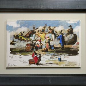 Umetnička slika Panonski izaslanici slikar Goran Mitrović - tehnika digitalna kombinovana tehnika sa dodatim aplikacijama i islikanim detaljima uljanom bojom - format slike sa ramom 45x60 cm - bez rama 25x40 cm - unikat slika sa sertifikatom - Cena umetničke slike 38940 dinara - izgled slike sa ramom