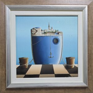 Umetnička slika Plavi brod slikar Sandra Mitrović - tehnika ulje na platnu - format slike sa ramom 44x44 cm - bez rama 30x30 cm - Cena umetničke slike 44840 dinara - izgled slike sa ramom