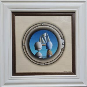 Umetnička slika Prozor slikar Sandra Mitrović - tehnika ulje na platnu - format slike sa ramom 45x45 cm - bez rama 30x30 cm - Cena umetničke slike 44840 dinara - izgled slike sa ramom