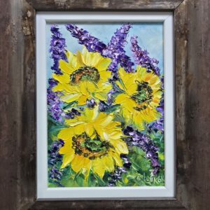 Umetnička slika Suncokreti 1 slikarka Vesna Cvetkov - tehnika ulje na platnu - format slike sa ramom 31x25 cm - bez rama 27x16 cm - Cena umetničke slike 8260 dinara - izgled slike sa ramom