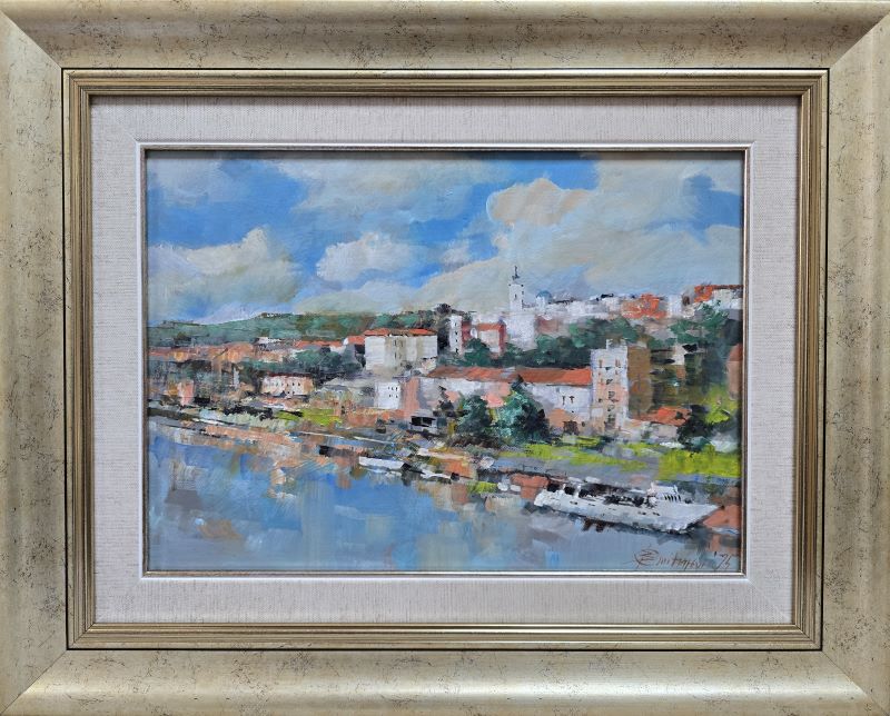 Umetnička slika Beograd 4 slikar Branko Dimitrijević - tehnika ulje na platnu - format slike sa ramom 40x50 cm - bez rama 25x35 cm - Cena umetničke slike 16520 dinara - izgled slike sa ramom
