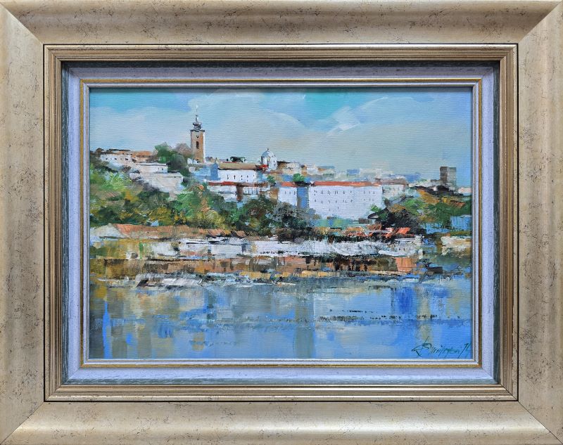 Umetnička slika Beograd 5 slikar Branko Dimitrijević - tehnika ulje na platnu - format slike sa ramom 39x49 cm - bez rama 25x35 cm - Cena umetničke slike 16520 dinara - izgled slike sa ramom