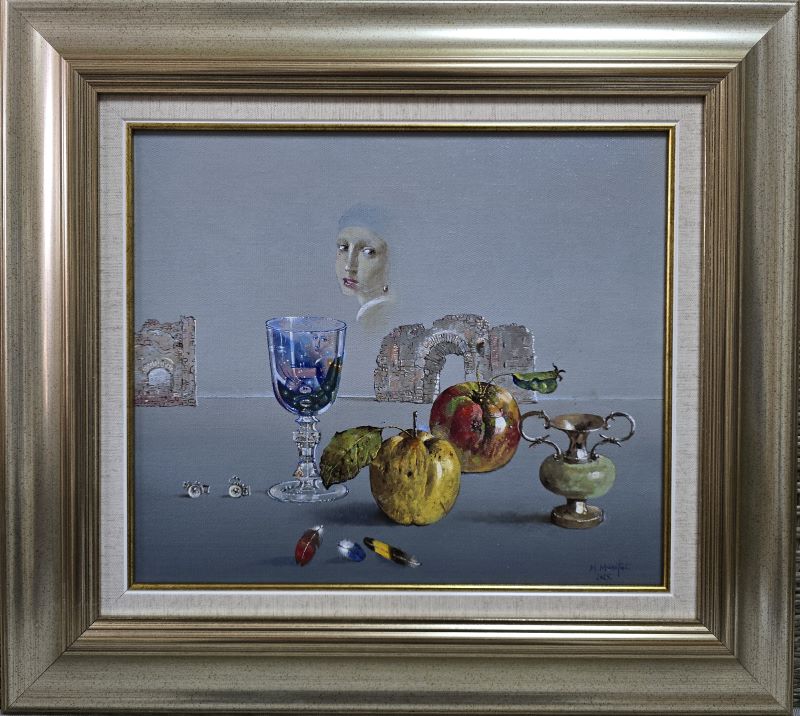 Umetnička slika Devojka sa bisernom minđušom slikar Milan Miletić - tehnika ulje na platnu - format slike sa ramom 48x53 cm - bez rama 30x35 cm - Cena umetničke slike 94400 dinara - izgled slike sa ramom
