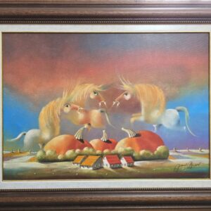 Umetnička slika Idila V slikar Janoš Mesaroš - tehnika ulje na platnu, kombinovana tehnika - format slike sa ramom 72x92 cm - bez rama 50x70 cm - Cena umetničke slike 224200 dinara - izgled slike sa ramom