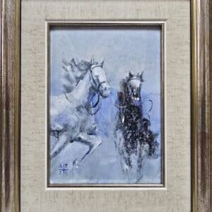 Umetnička slika Konji 2 slikar Dragan Tasić - tehnika akril na lesonitu - format slike sa ramom 28x23 cm - bez rama 17x13 cm - Cena umetničke slike 6490 dinara - izgled slike sa ramom