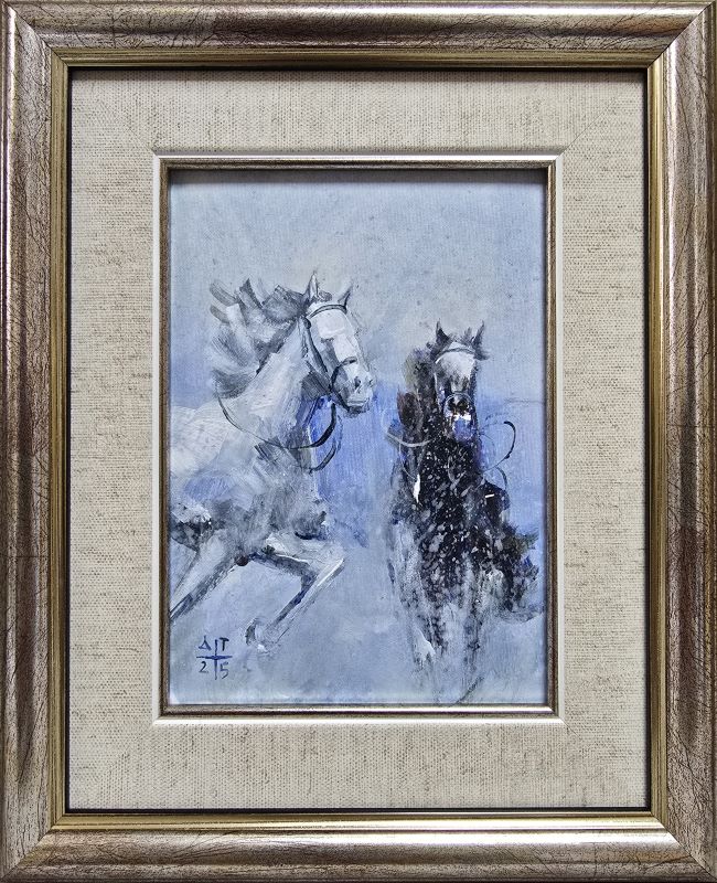 Umetnička slika Konji 2 slikar Dragan Tasić - tehnika akril na lesonitu - format slike sa ramom 28x23 cm - bez rama 17x13 cm - Cena umetničke slike 6490 dinara - izgled slike sa ramom