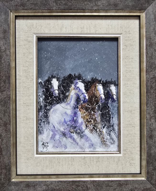 Umetnička slika Konji 3 slikar Dragan Tasić - tehnika akril na lesonitu - format slike sa ramom 28x23 cm - bez rama 17x13 cm - Cena umetničke slike 6490 dinara - izgled slike sa ramom