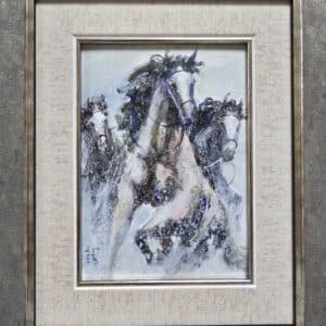 Umetnička slika Konji 5 slikar Dragan Tasić - tehnika akril na lesonitu - format slike sa ramom 28x23 cm - bez rama 17x13 cm - Cena umetničke slike 6490 dinara - izgled slike sa ramom