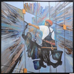 Umetnička slika Perač prozora slikar Ivan Vanja Milanović - tehnika ulje na platnu - bez rama 100x100 cm - Cena umetničke slike 38940 dinara