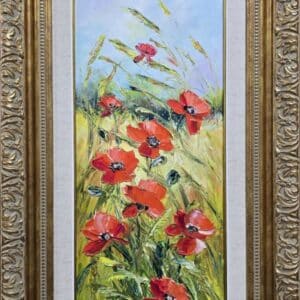 Umetnička slika Polje makova 2 slikarka Vesna Cvetkov - tehnika ulje na platnu - format slike sa ramom 77x37 cm - bez rama 60x20 cm - Cena umetničke slike 17700 dinara - izgled slike sa ramom