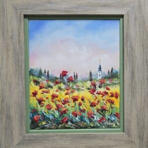 Umetnička slika Polje makova slikarka Vesna Cvetkov - tehnika ulje na platnu - format slike sa ramom 45x40 cm - bez rama 30x25 cm - Cena umetničke slike 9440 dinara - izgled slike sa ramom