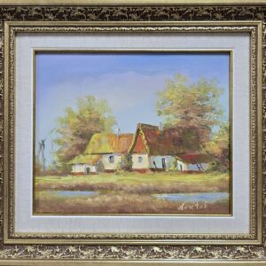 Umetnička slika Salaš 1 slikar Darko Bartoš - tehnika ulje na platnu - format slike sa ramom 38x43 cm - bez rama 25x30 cm - Cena umetničke slike 10620 dinara - izgled slike sa ramom