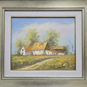 Umetnička slika Salaš 3 slikar Darko Bartoš - tehnika ulje na platnu - format slike sa ramom 38x43 cm - bez rama 25x30 cm - Cena umetničke slike 10620 dinara - izgled slike sa ramom