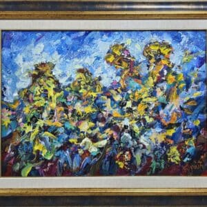 Umetnička slika Suncokreti 1 slikar Dragan Kunić - tehnika ulje na platnu - format slike sa ramom 71x91 cm - bez rama 50x70 cm - Cena umetničke slike 47200 dinara - izgled slike sa ramom