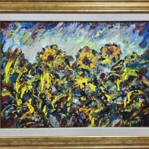 Umetnička slika Suncokreti 2 slikar Dragan Kunić - tehnika ulje na platnu - format slike sa ramom 69x89 cm - bez rama 50x70 cm - Cena umetničke slike 47200 dinara - izgled slike sa ramom