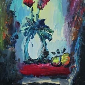 Umetnička slika Vaza sa cvećem 2 slikar Dragan Kunić - tehnika ulje na platnu - format slike sa ramom 71x61 cm - bez rama 50x40 cm - Cena umetničke slike 25960 dinara - izgled slike bez rama