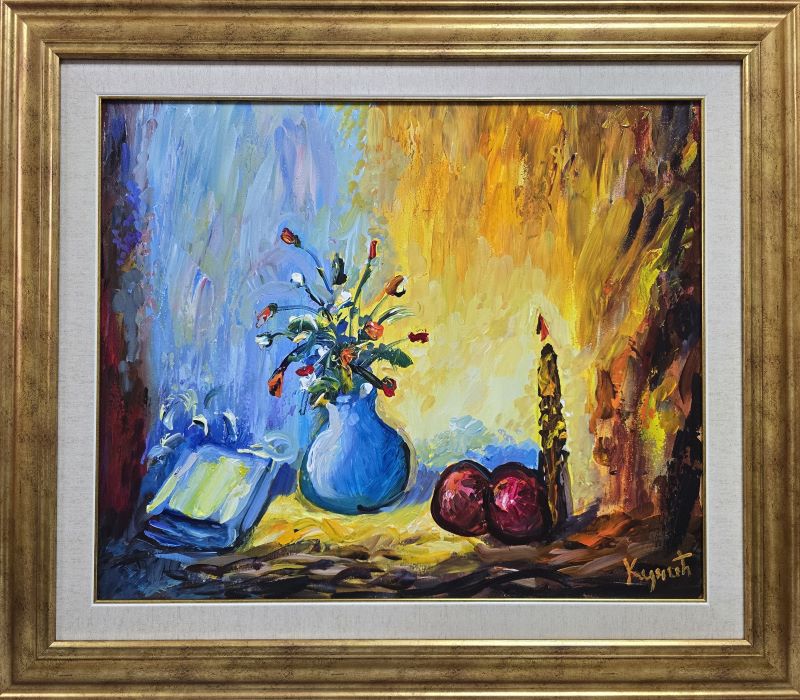Umetnička slika Vaza sa cvećem 5 slikar Dragan Kunić - tehnika ulje na platnu - format slike sa ramom 69x79 cm - bez rama 50x60 cm - Cena umetničke slike 33040 dinara - izgled slike sa ramom