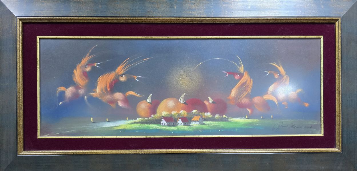 Umetnička slika Vojvodina slikar Janoš Mesaroš - tehnika pastel - format slike sa ramom 62x127 cm - bez rama 35x100 cm - Cena umetničke slike 88500 dinara - izgled slike sa ramom